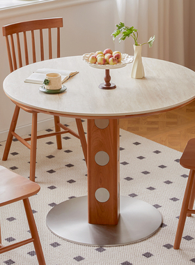 管木匠西海岸圆桌小户型实木餐桌家用樱桃木复古圆形饭桌岩板桌子