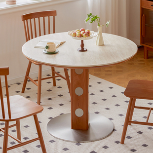 管木匠西海岸圆桌小户型实木餐桌家用樱桃木复古圆形饭桌岩板桌子