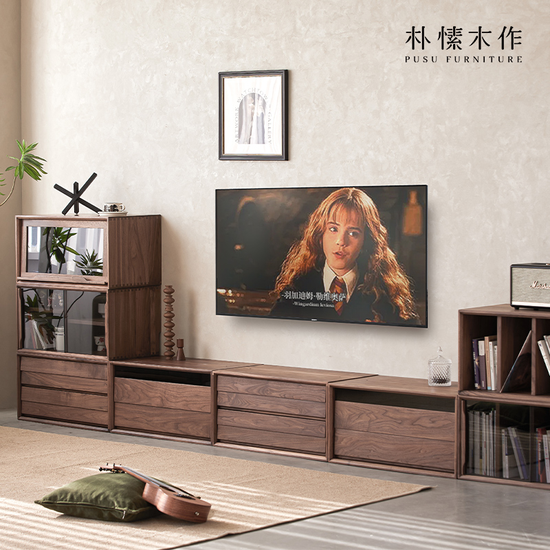 黑胡桃木实木落地书柜展示储物柜