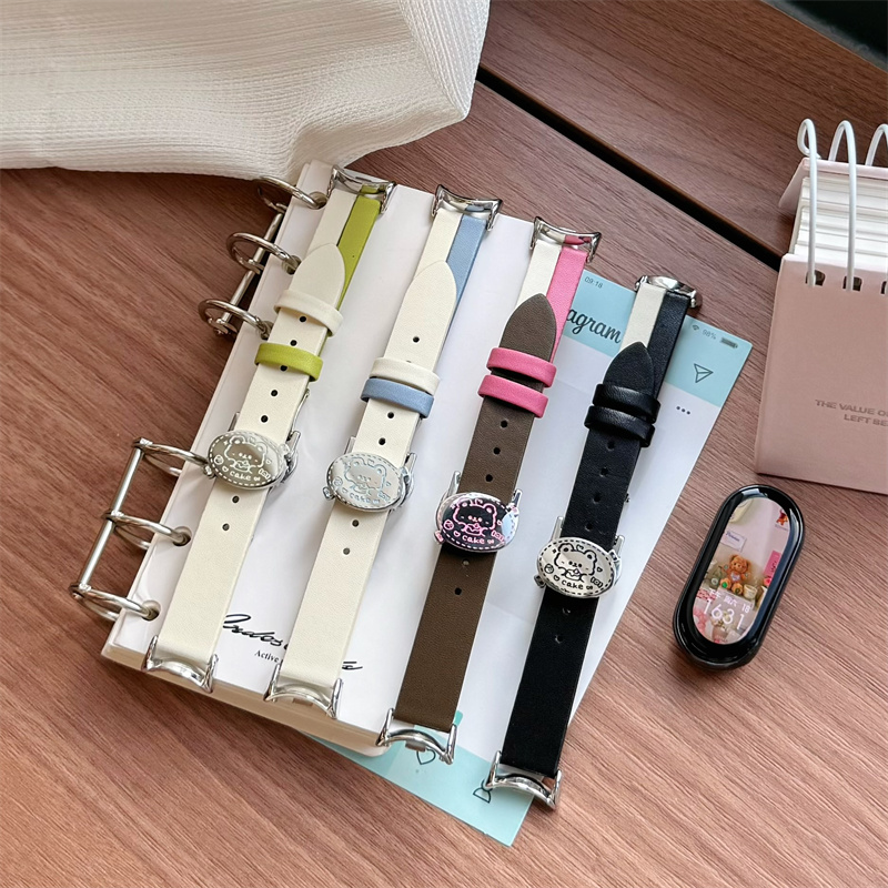 卡通蛋糕小熊适用小米10/9NFC手环表带8pro蝴蝶扣腕带皮质秋冬女P