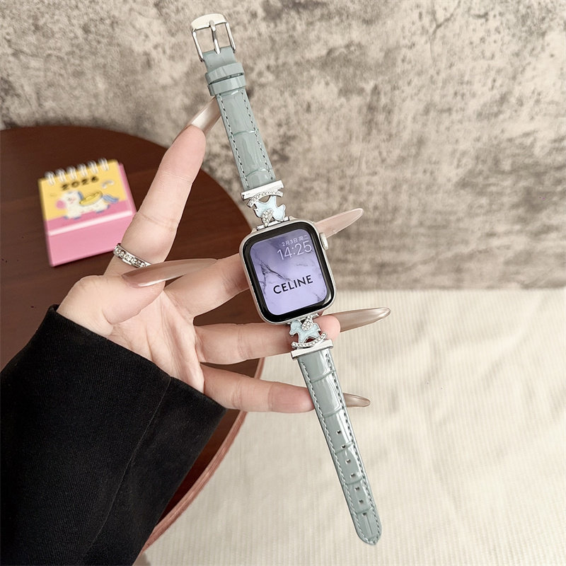 卡通摇摇马适用苹果s11表带S10代iwatch98s765冰皮面腕带竹节纹潮