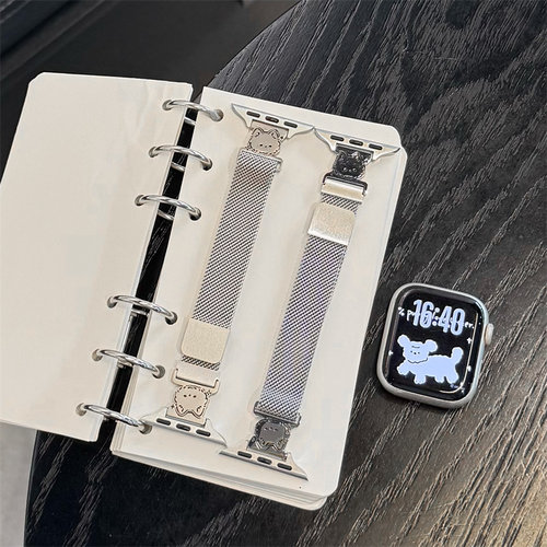 卡通呆萌小猫狗适用苹果s11表带S10代iwatch98s765十字架腕带米兰