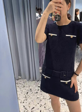 SP2025新款藏蓝色粗花呢混纺腰带短袖连衣裙短裙