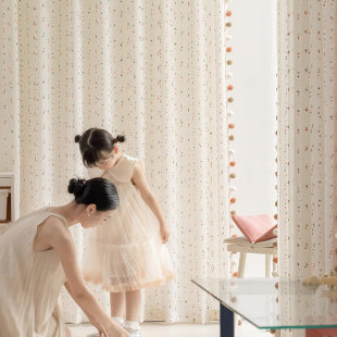 彩虹糖豆纱亚麻纱窗纱纱帘儿童少女可爱公主房卧室窗帘透光不透人