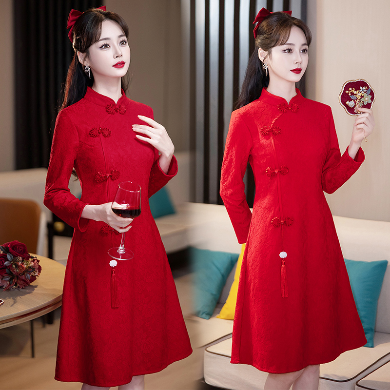 小个子2025秋款旗袍红色连衣裙敬酒服女新娘结婚订婚回门礼服裙子