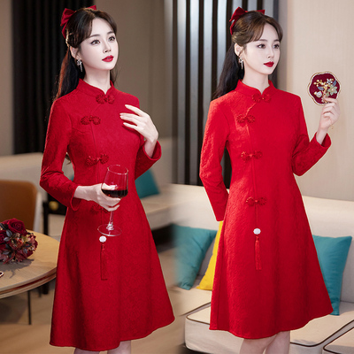 小个子2025秋款旗袍红色连衣裙敬酒服女新娘结婚订婚回门礼服裙子