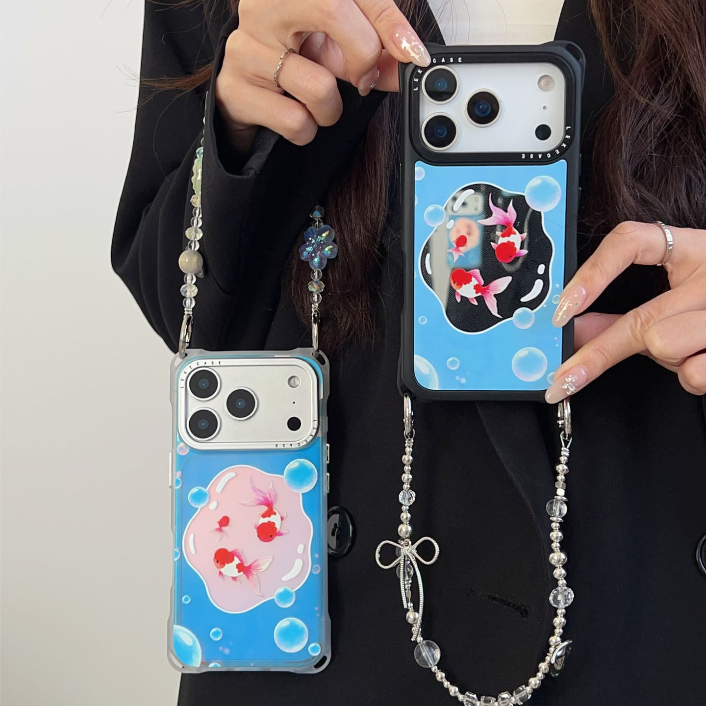 好运泡泡金鱼~适用苹果17手机壳带挂绳15斜挎可背苹果16promax四角防摔小米13链条14手提12挂链16串珠p80镜面