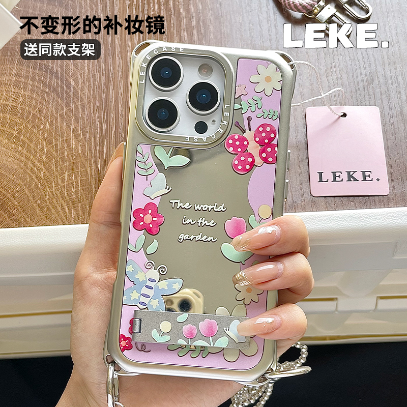 春天蝴蝶花丛适用苹果15手机壳挂绳斜挎可背iphone16promax四角开孔镜面13背带斜跨14支架16链条手提12挂链