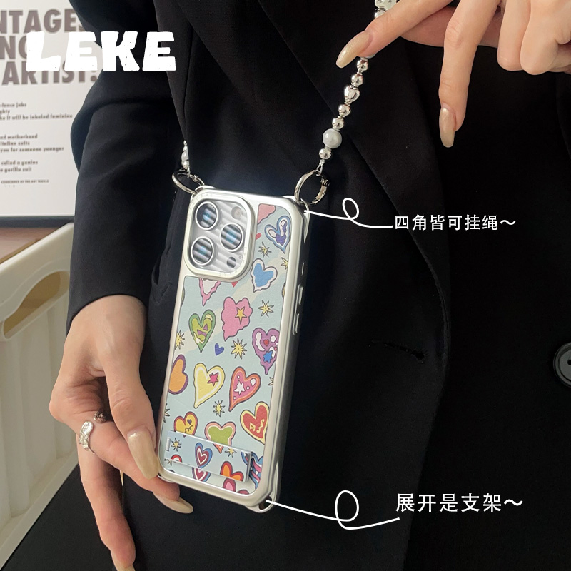 夏天七彩爱心适用苹果14手机壳带挂绳16斜挎可背iphone15promax四角开孔皮质13背带12支架16pro链条15挂链