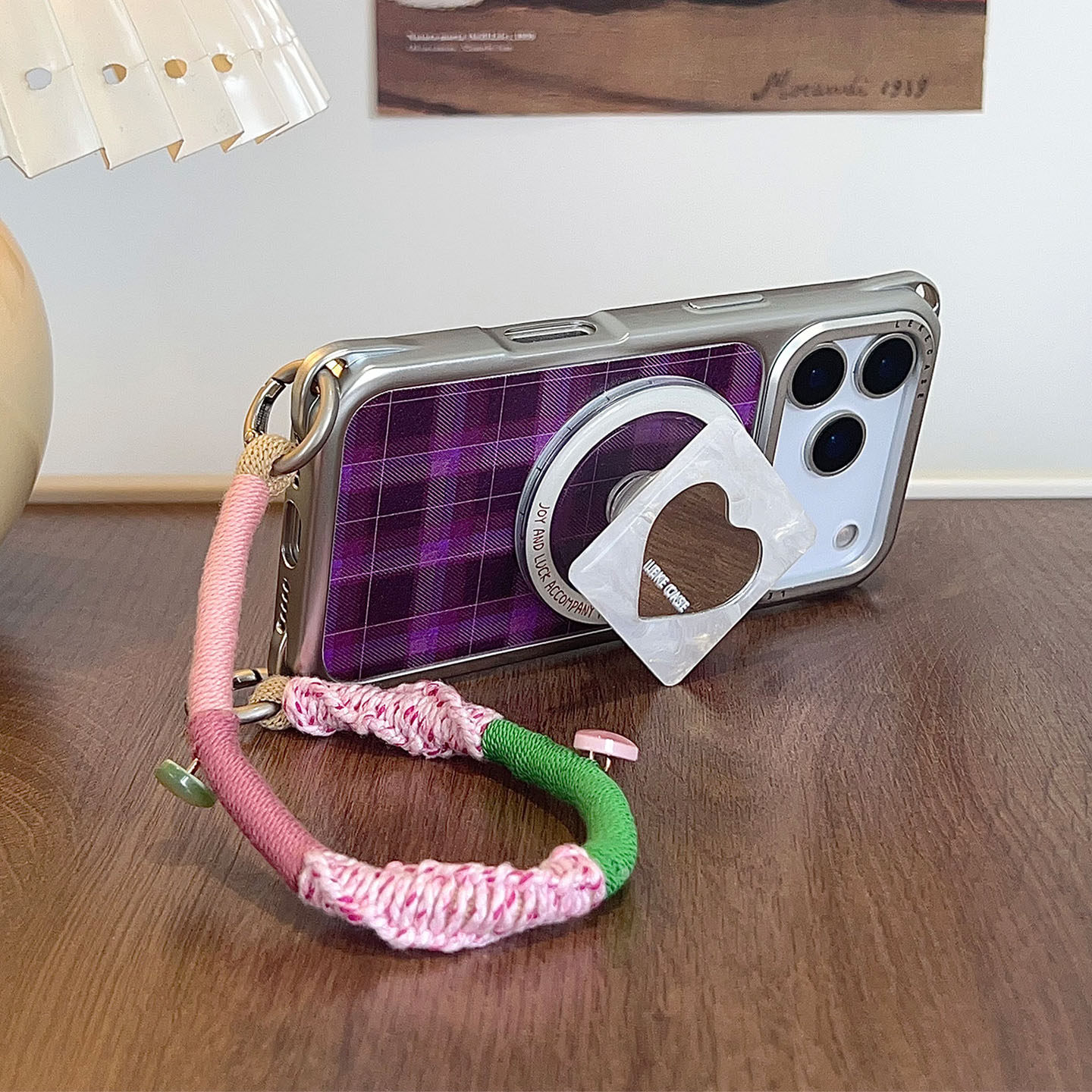 韩系紫格纹~磁吸适用苹果17promax手机壳带挂绳16手腕iphone15四角防摔13爱心镜子支架p80懒人小米14手提12