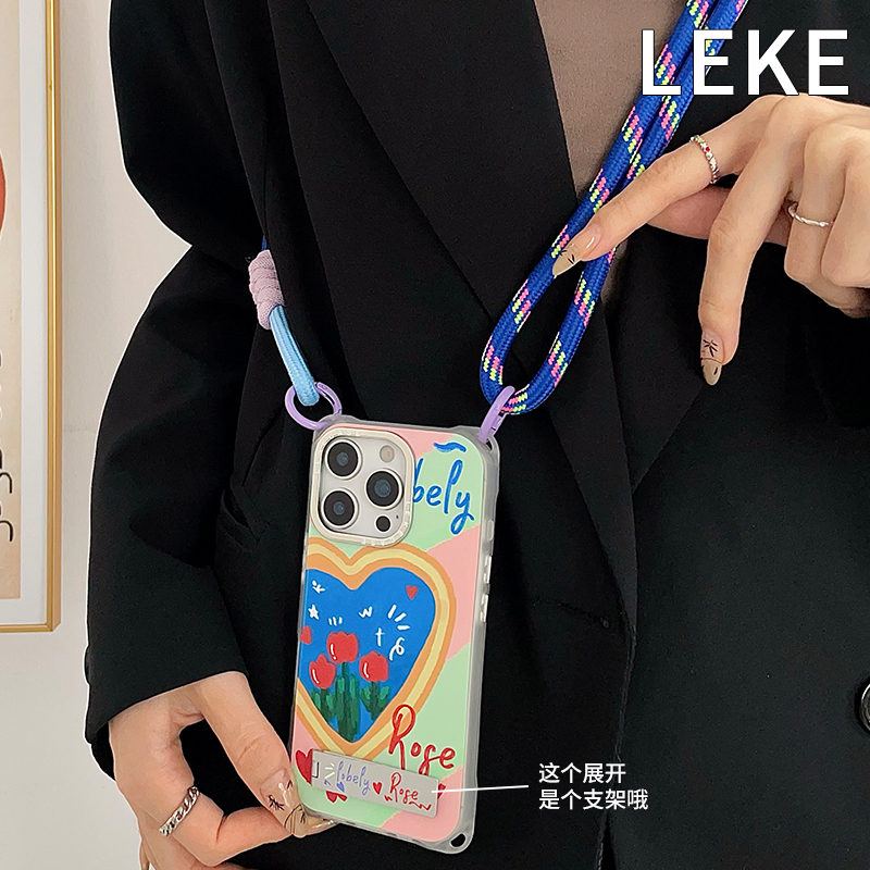 爱心花朵手机壳挂绳斜挎链带支架