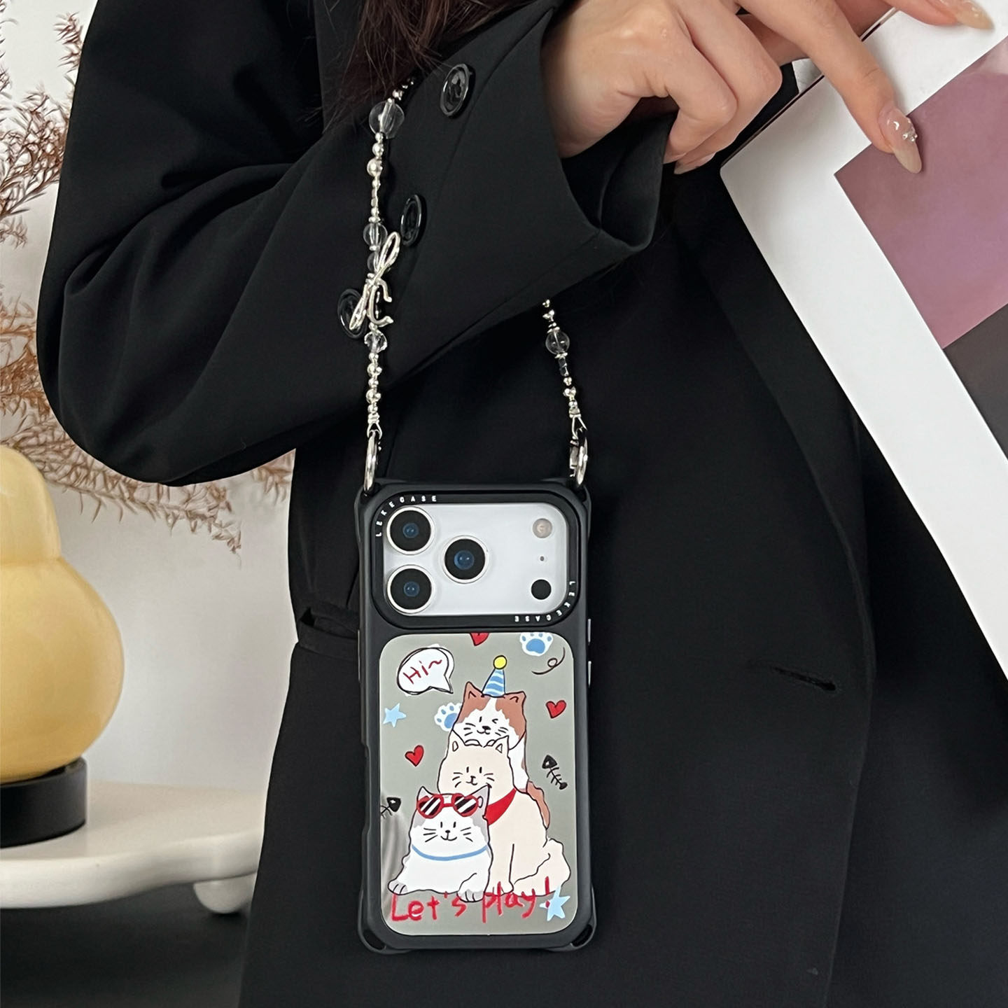可爱猫咪叠叠乐~镜面适用苹果17手机壳带挂绳16手腕iphone15promax四角防摔小米13链条14挂链p80懒人手提12