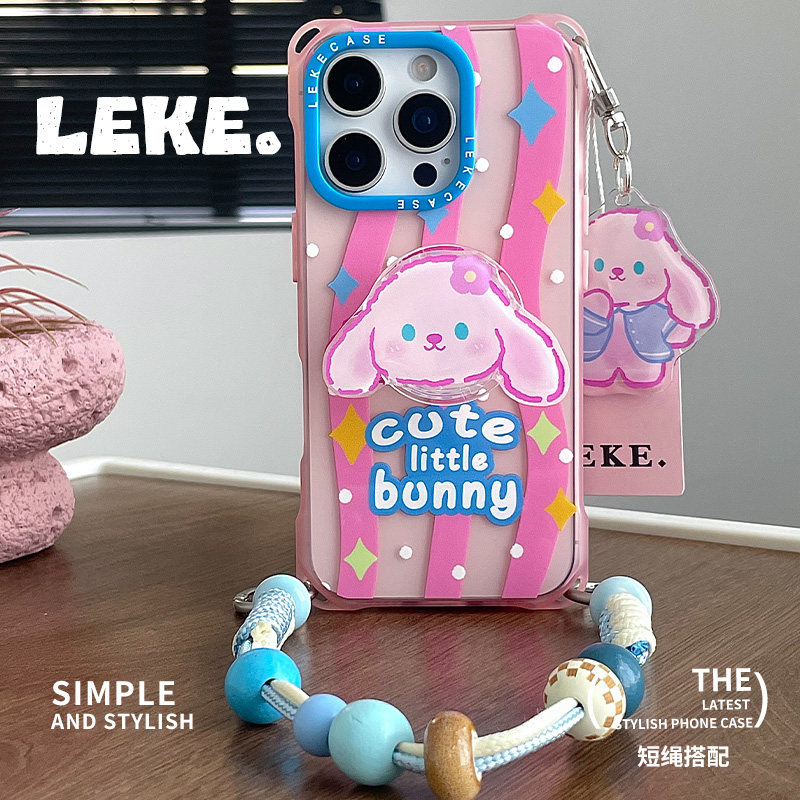 甜美可爱粉兔适用苹果16promax手机壳带挂绳13斜挎可背iphone15四角开孔12支架17pro链条手提14斜跨挂件华为