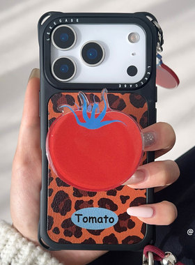 豹纹红番茄~高级感适用苹果16手机壳带挂绳15手腕iphone17promax四角防摔小米14支架13链条p80挂链12懒人17