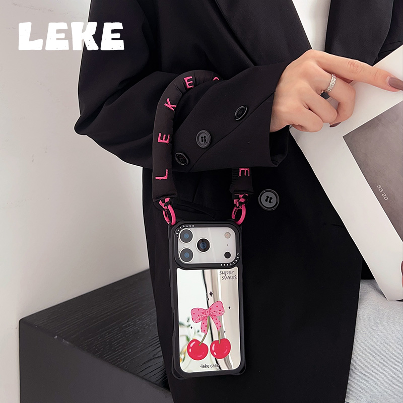 蝴蝶结樱桃镜面手机壳带挂绳手腕
