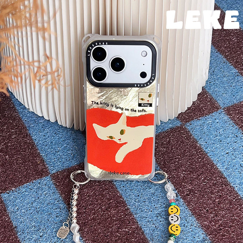 可爱橙色慵懒猫咪适用苹果17手机壳带挂绳iphone17promax链条串珠16四角开孔小米15手腕13手提14挂链17pro