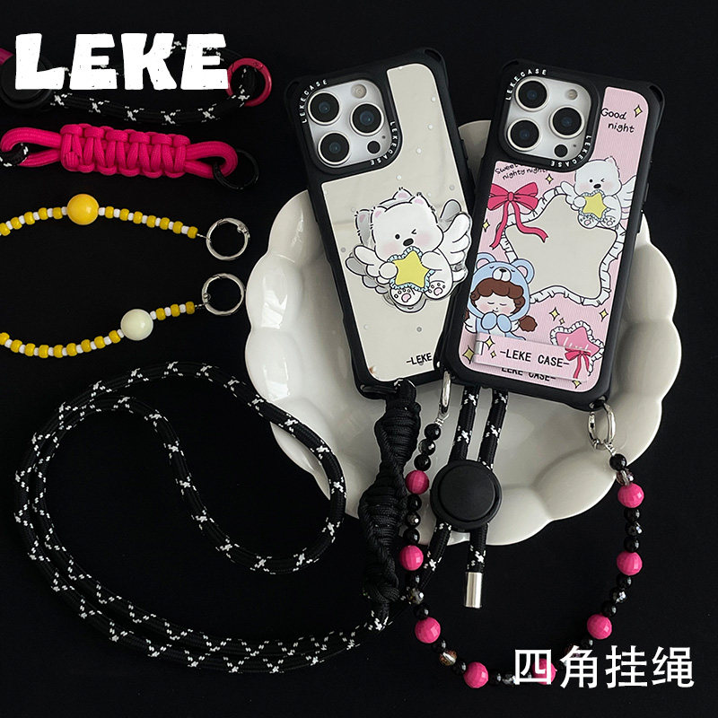 抱星星天使小狗适用iphone16手机壳带挂绳苹果17promax斜挎可背16pro四角开孔镜面13支架15链条挂链14手提12