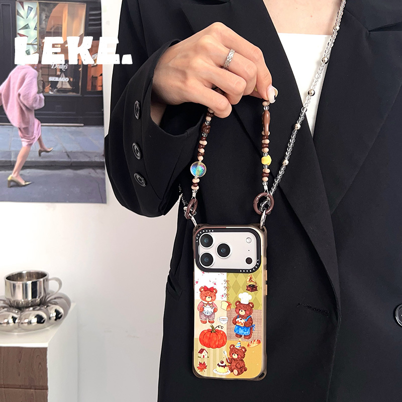 小熊下午茶手机壳带挂绳手腕链条