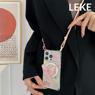 超好看烟花蝴蝶磁吸适用苹果15手机壳挂绳斜挎可背iphone16promax四角开孔17支架带斜跨12链条手提13手腕14