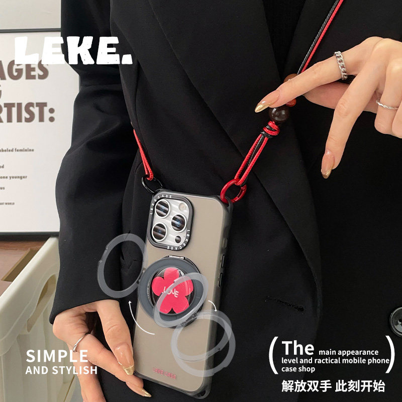 韩系有爱花朵支点适用iphone17promax手机壳带挂绳13斜挎可背苹果16四角开孔12支架11斜跨15链条情侣14华为