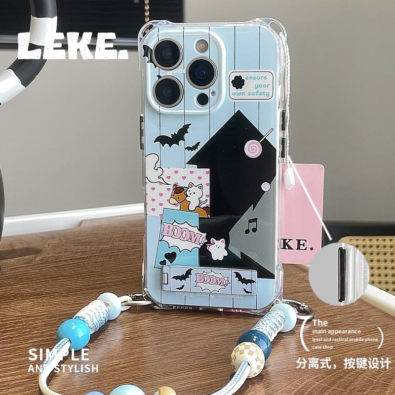 酷酷小猫手机壳挂绳斜挎链条支架