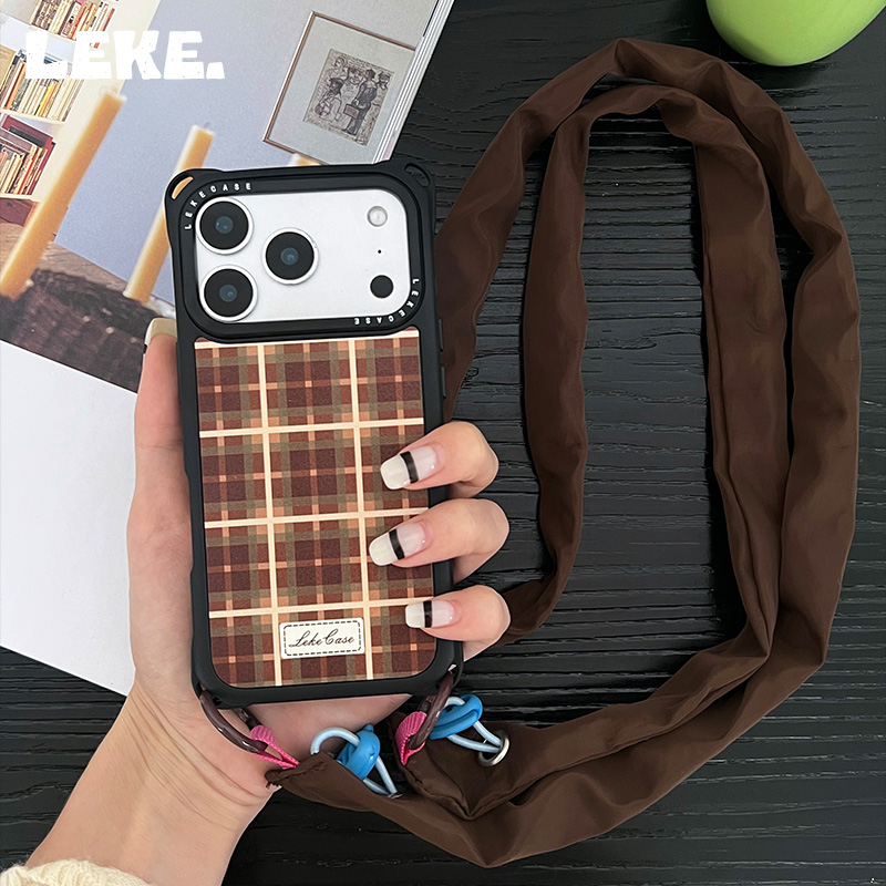秋冬棕色格纹手机壳带挂绳斜挎