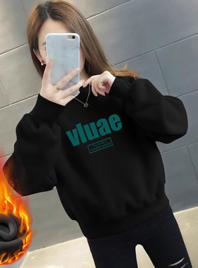 加绒保暖套头衫卫衣女款秋冬季加厚长袖圆领无帽复古休闲运动上衣