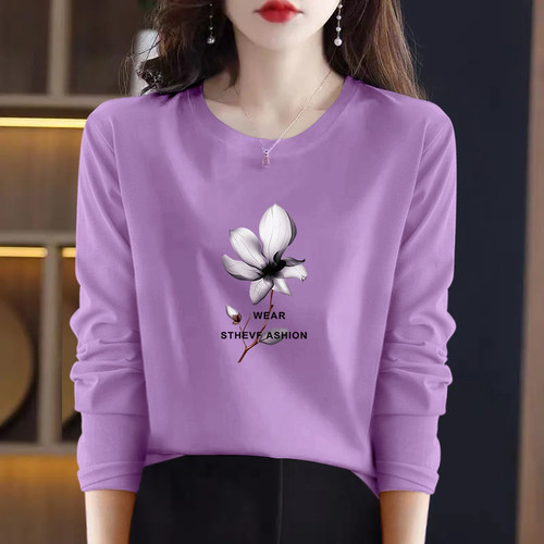 纯棉长袖t恤女士春秋2023新款时尚洋气冬季薄打底衫大码体恤上衣