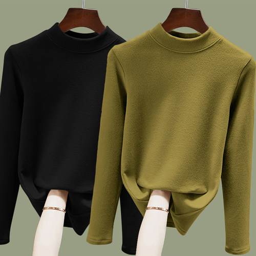 双面螺纹德绒半高领长袖t恤女士内搭打底衫新款秋冬保暖百搭上衣