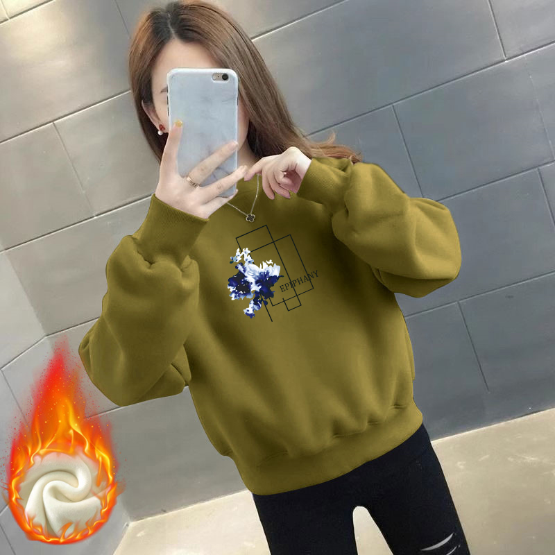 韩版百搭无帽圆领套头卫衣女秋冬季新款休闲洋气加绒加厚长袖上衣