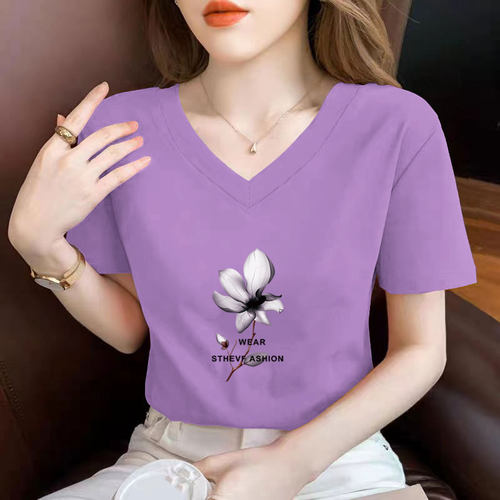 纯棉紫色正肩t恤女短袖夏季2023新款修身显瘦体恤薄款大码上衣潮