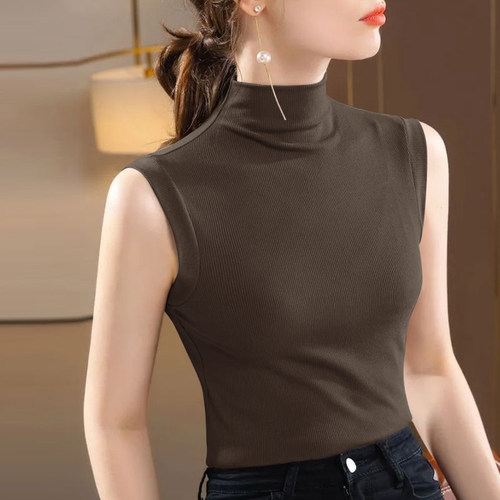 薄款无袖内搭修身T恤打底上衣女夏季新款正肩弹力半高领冰丝背心