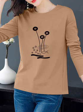 纯棉长袖t恤女装春秋新款韩版内搭打底衫大码外穿套头印花上衣女