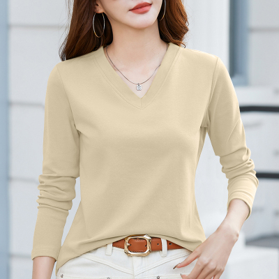 冬季新款保暖秋衣女双面德绒磨毛内搭V领可外穿修身长袖T恤打底衫