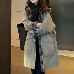 复古气质休闲中长款夹棉灰色外套女2025秋冬新款派克服连帽棉服女