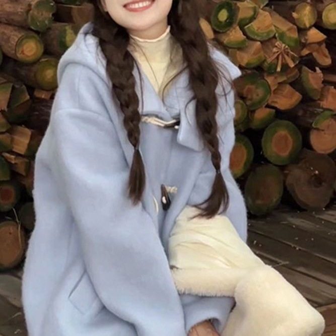 蓝色韩系连帽毛呢外套女秋冬季牛角扣小个子大衣2025年新款厚风衣,女装/女士精品,大码呢大衣,淘宝优惠券,粉丝福利购,淘宝优惠卷