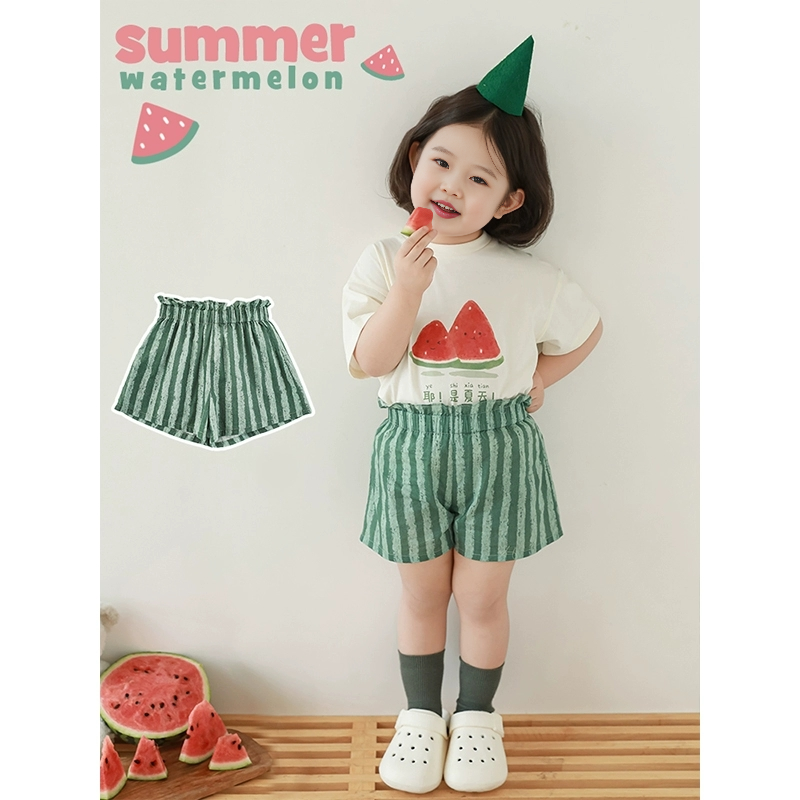 女童浪漫花边西瓜条纹短裤2025夏季洋气可爱柔软亲肤休闲裤子舒适,童装/婴儿装/亲子装,套装,淘宝优惠券,粉丝福利购,淘宝优惠卷