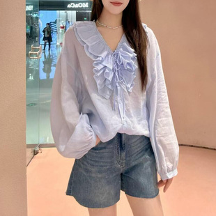 上衣女宽松防嗮衫 25春夏新款 浪漫荷叶边V领薄款 长袖 3J2C4021R 衬衫
