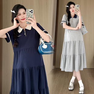 大码孕妇连衣裙2025夏季新款polo领宽松中长款洋气短袖裙子200斤