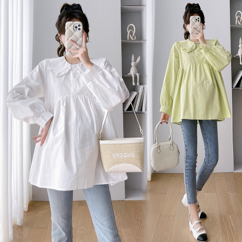大码孕妇装衬衫2025春秋新款甜美气质娃娃领遮肚宽松上衣女200斤