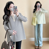 孕妇装 上衣纯棉宽松打底衫 春秋2025新款 条纹t恤长袖 200斤 时尚 大码