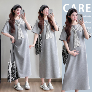 大码孕妇连衣裙2025夏季薄款时髦中长款假两件减龄短袖裙子200斤