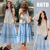 连衣裙海边度假蓝色吊带裙钩花背心两件套装 夏季 200斤 孕妇装 大码