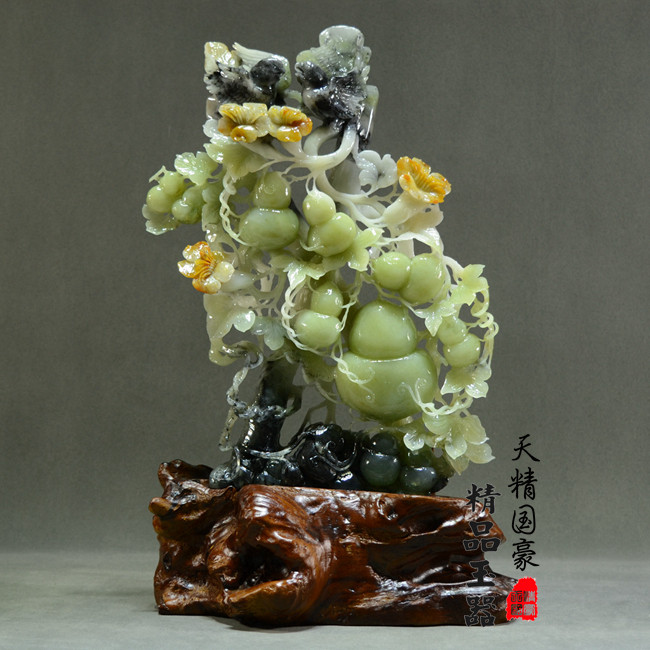 玉石摆件客厅 天然岫玉摆件 原石玉雕摆件葫芦花乔迁礼品玄关家居