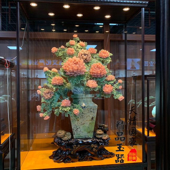 天然岫玉牡丹花瓶摆件乔迁礼