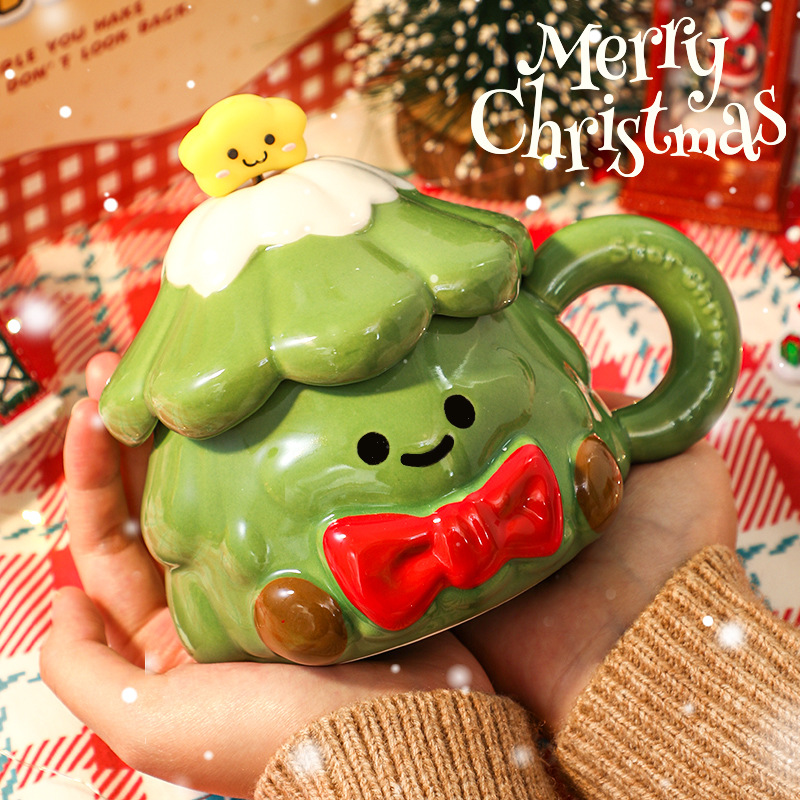 可爱陶瓷杯圣诞树造型带盖马克杯