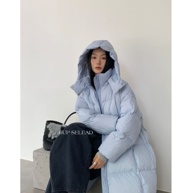 韩版立领连帽泡芙加长羽绒服外套冬13行新款90白鸭绒保暖