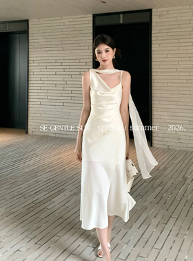 2026春新款白标飘带缎面优雅气质吊带连衣裙显瘦高级感长裙子