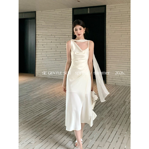 2026春新款白标飘带缎面优雅气质吊带连衣裙显瘦高级感长裙子