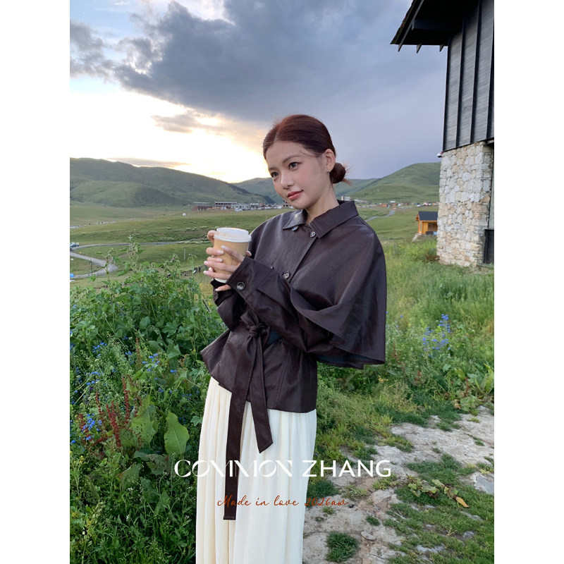 美式复古斗篷皮衣女装秋季系带收短外套